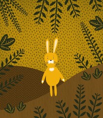 Illustration with a cute rabbit, hills and branches with green leaves on a yellow background with dots, childish animal print, digital hand drawing.