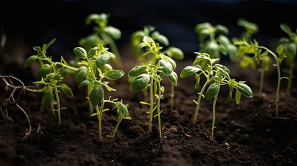 Plant seedlings that have just sprouted from the soil and started to grow in spring