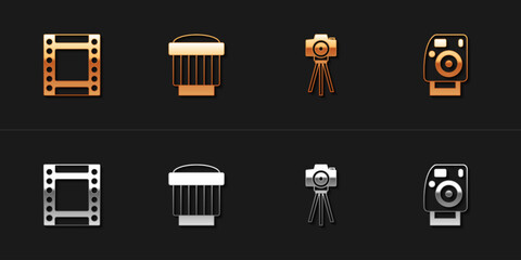 Set Camera roll cartridge, photo lens, Photo camera and icon. Vector