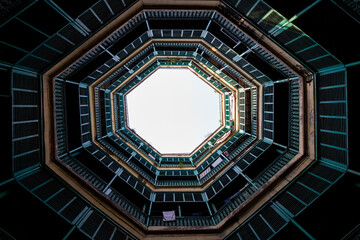 Madho Bhawan, Kolkata, India - 25 December 2022: view of the octagonal geometry of an antique building.