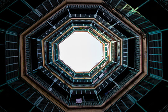 Madho Bhawan, Kolkata, India - 25 December 2022: view of the octagonal geometry of an antique building.