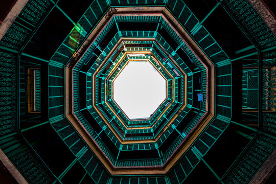 Madho Bhawan, Kolkata, India - 25 December 2022: view of the octagonal geometry of an antique building.