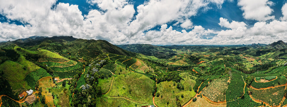 High perspective aerial view of hilly countryside of Minas Gerais, famous for its coffee production, Brazil