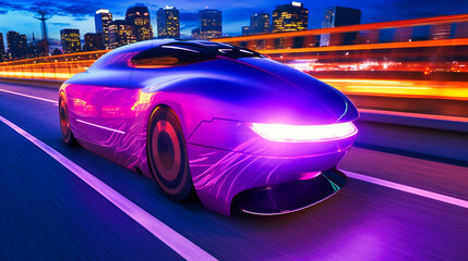 Fototapeta na wymiar A neon-lit highway at dusk sets the stage for this futuristic electric cargo transport, cruising at high speed through a cityscape of blue and purple hues