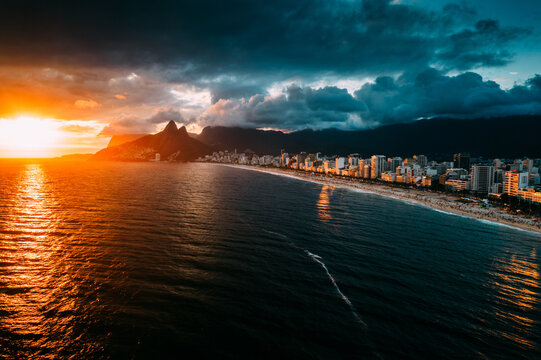 Aerial drone view of Ipanema and Leblon beaches at sunset, Rio de Janeiro, Brazil