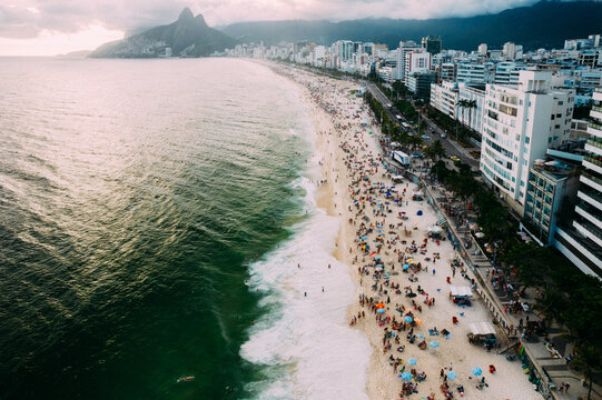 Aerial drone view of Ipanema and Leblon beaches, Rio de Janeiro, Brazil