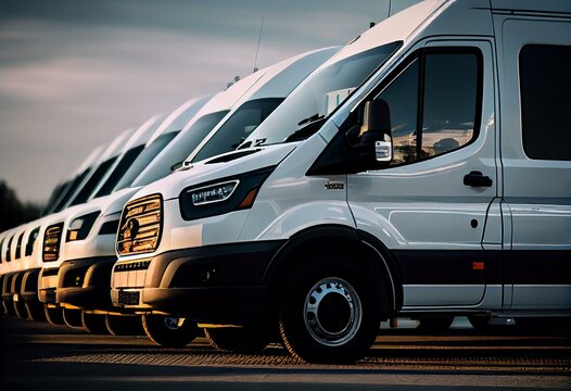 Row Of White Commercial Vans In A Dealership For Sale Or Rent. Used And New Busses. Transport Industry. Generative AI