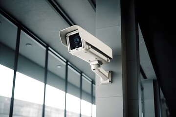 CCTV Surveillance Camera on a modern building wall monitoing the space, AI Generated - obrazy, fototapety, plakaty