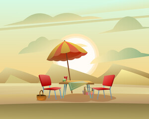 Picnic table with umbrella. Sand dunes in desert. Two armchairs and baskets of food. Weekend in nature. Cartoon fun style. Flat design. Vector