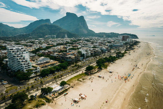 Aerial view of Pepe Beach and Pedra da Gavea in Barra da Tijuca district, a western neighborhood in Rio de Janeiro, Brazil