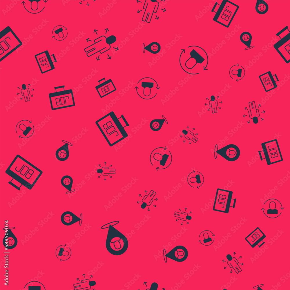 Poster set worker location, multitasking manager working, search job and exchange on seamless pattern. vect