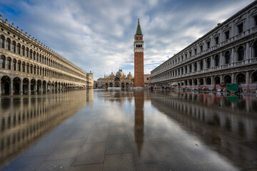 Reflected view of St. Marks Square and Campanile, San Marco, Venice, UNESCO World Heritage Site, Veneto