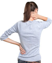 Woman suffering from neck pain isolated on white background - obrazy, fototapety, plakaty