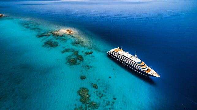 A lavish image of a luxurious yacht anchored near an idyllic beach, exuding an air of exclusivity and high-end living
