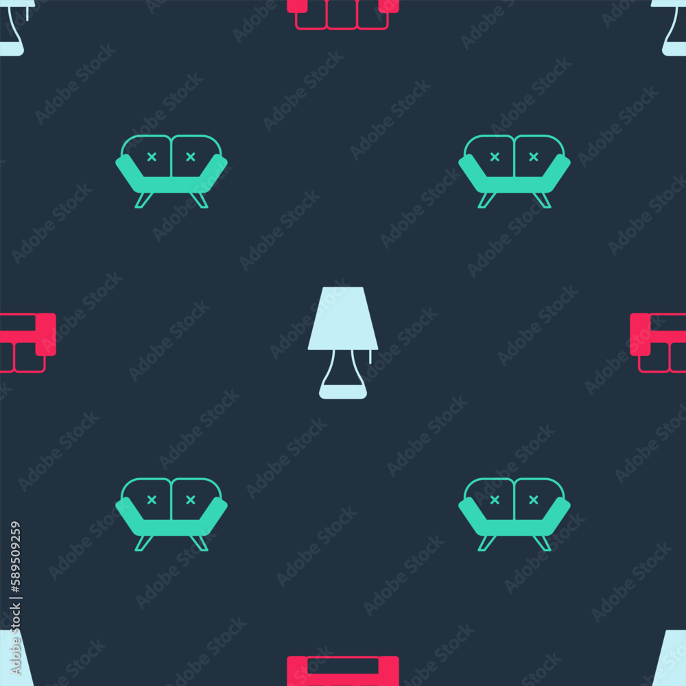 Poster set sofa, table lamp and on seamless pattern. vector