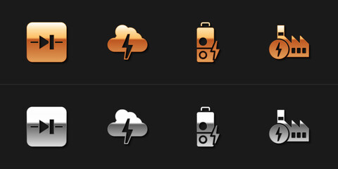 Set Diode in electronic circuit, Cloud and lightning, Battery charge and Nuclear power plant icon. Vector