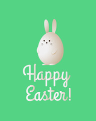 Happy Easter and white bunny as egg concept. Cute rabbit, creative and fun celebration, greeting card template, simple vector illustration. Beautiful lettering, typography, calligraphy, font.