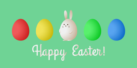 Happy Easter! White bunny and colorful Easter eggs as banner concept. 
