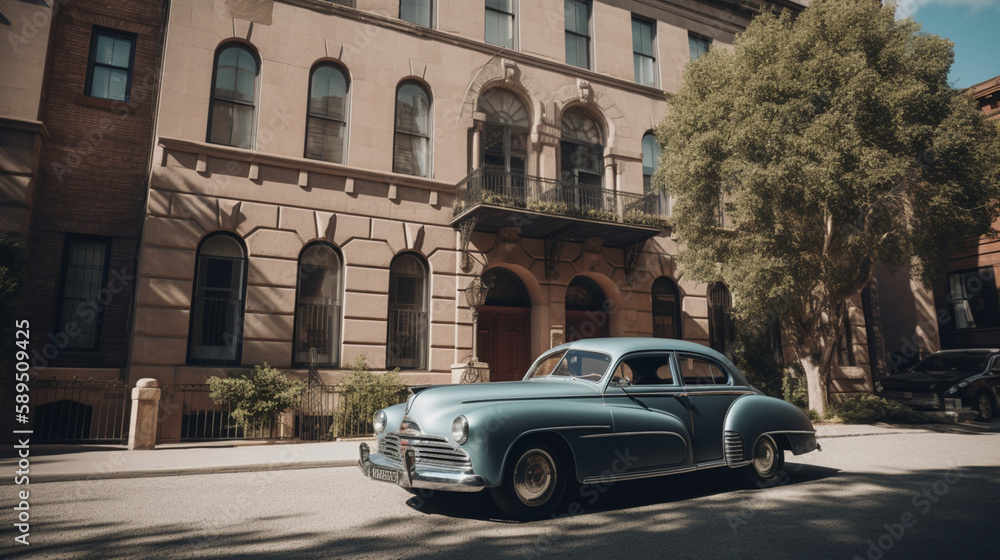 Poster a vintage car parked in front of a historic building generative ai