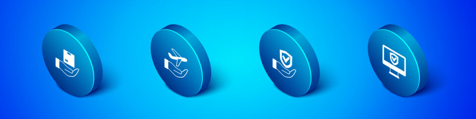 Set Isometric Delivery insurance, Shield hand, Insurance online and Plane icon. Vector