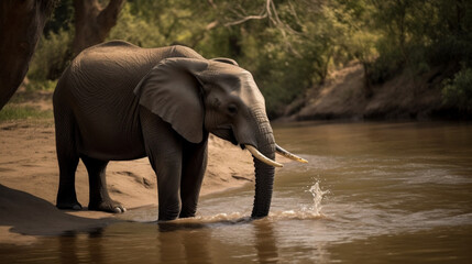 Fototapeta na wymiar An elephant drinking water from a rive Generative AI