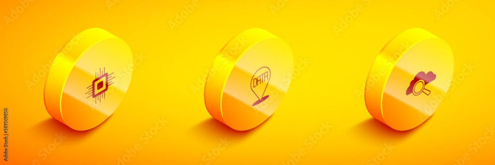 Poster set isometric processor cpu, data analysis and search cloud computing icon. vector