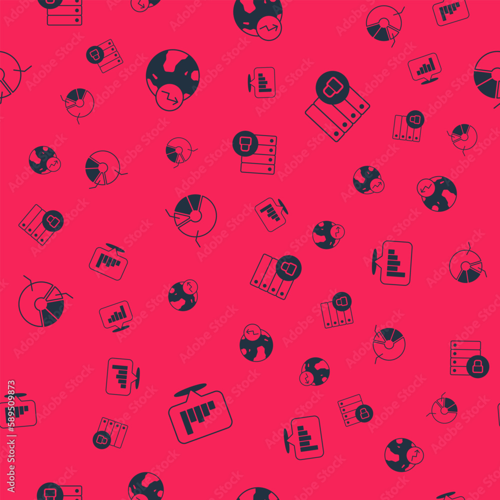 Poster set pie chart infographic, financial growth, and server security with padlock on seamless pattern. v