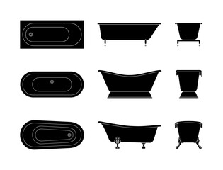 The silhouette of the bathtub in the vector is isolated on a white background. Bathroom interior. Black and white bathroom icons. A set of baths. Hygiene in the house. Cartoon bath