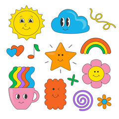 Set of sticker elements sun rainbow flowers rainbow cup jolly cookie star lines in retro style