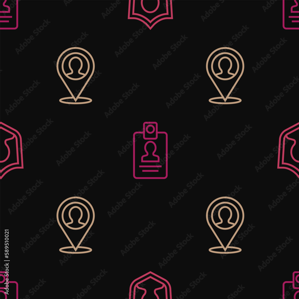 Poster set line user protection, location with person and identification badge on seamless pattern. vector