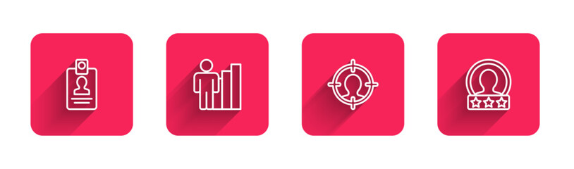 Set line Identification badge, Productive human, Head hunting and Create account screen with long shadow. Red square button. Vector