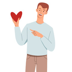 Young guy is holding a pink heart. The concept of love, help, care and support. Young guy in love or volunteer. Flat isolated character on white background.