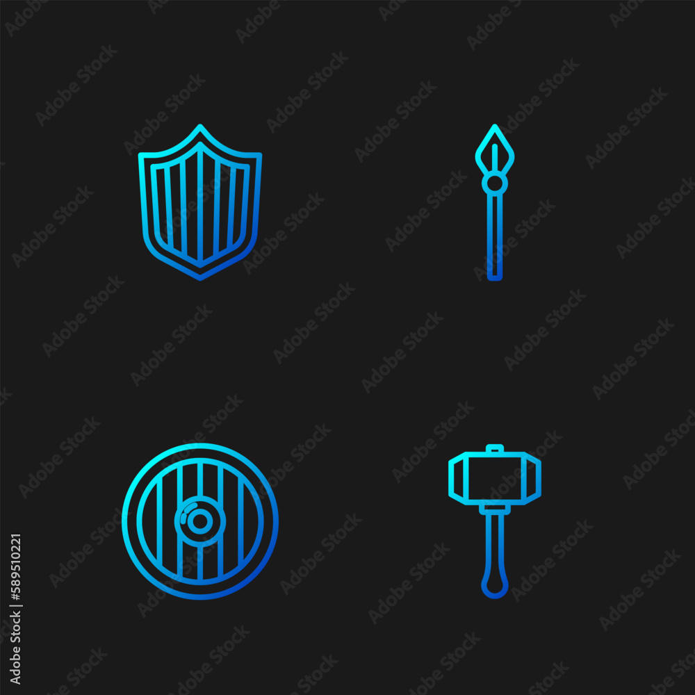 Canvas Prints Set line Hammer, Round wooden shield, Shield and Medieval spear. Gradient color icons. Vector