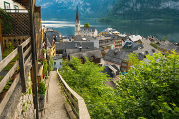 Elevated view of Hallstatt city center dominated by Evangelisches Pfarramt church, Hallstatt, UNESCO World Heritage Site, Austria