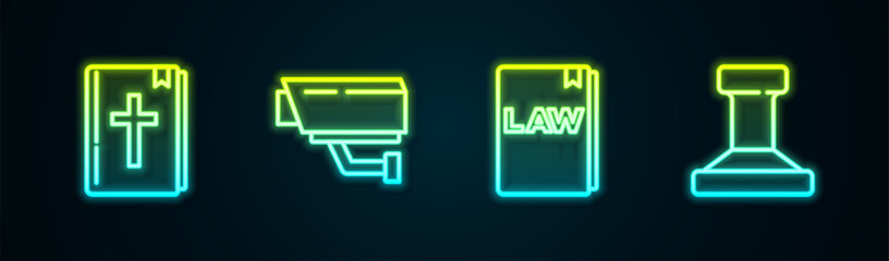 Set line Holy bible book, Security camera, Law and Stamp. Glowing neon icon. Vector