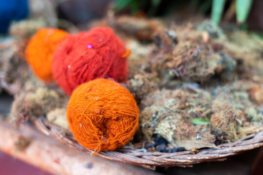 Balls of naturally dyed wool, Chinchero, Sacred Valley, Cusco, Peru