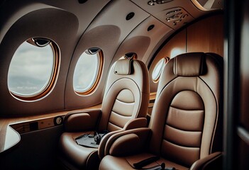 light grey aircraft interior with beige seats and wooden trim. Generative AI