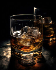 Whiskey with ice cubes close up, Generative AI