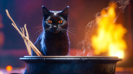 Fototapeta na wymiar Witchcraft and Sorcery Illustration of a Fantasy Black Cat, Brewing it's Magic Potion. Generative AI.