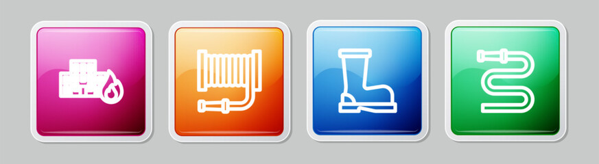 Set line Fire in burning buildings, hose reel, boots and . Colorful square button. Vector