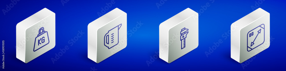 Poster set isometric line weight, measuring cup, calliper or caliper and scale and diagonal measuring icon.