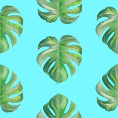 Seamless pattern with large monstera leaves in a watercolor style, on a blue background, digital drawing.