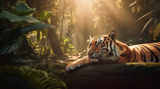 A Bengal tiger lying down in a tropical landscape Generative AI © Wagner
