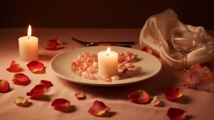 Beautiful romantic table setting on beige background. Romantic dinner. Valentine's Day. Generative AI.
