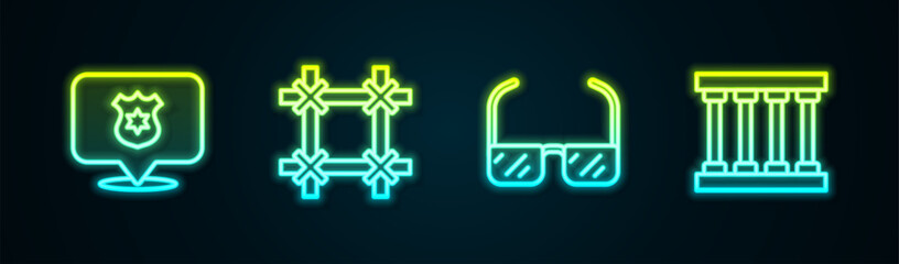 Set line Police badge, Prison window, Safety goggle glasses and . Glowing neon icon. Vector