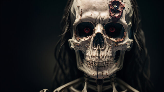 closeup of dead zombie human skeleton with red eyes and hairs at dark background, generative AI