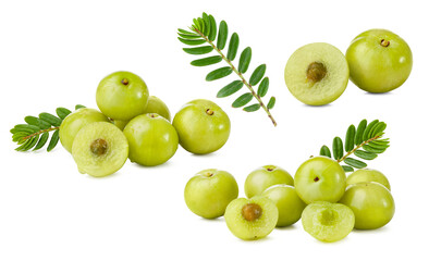 set of Amla or Indian gooseberry with leaf isolated on white background.