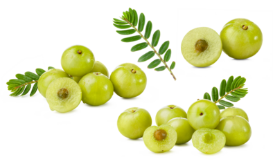 set of Amla or Indian gooseberry with leaf isolated on white background.