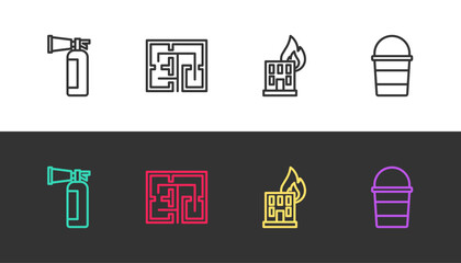 Set line Fire extinguisher, Evacuation plan, burning building and bucket on black and white. Vector