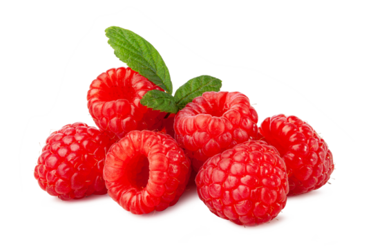 fresh raspberries with leaf isolated on white background.